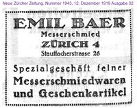 1919 Baer Emil, Z&uuml;rich I