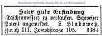 1910 Hladowetz, Patent Taschenmesser, Z&uuml;rich I